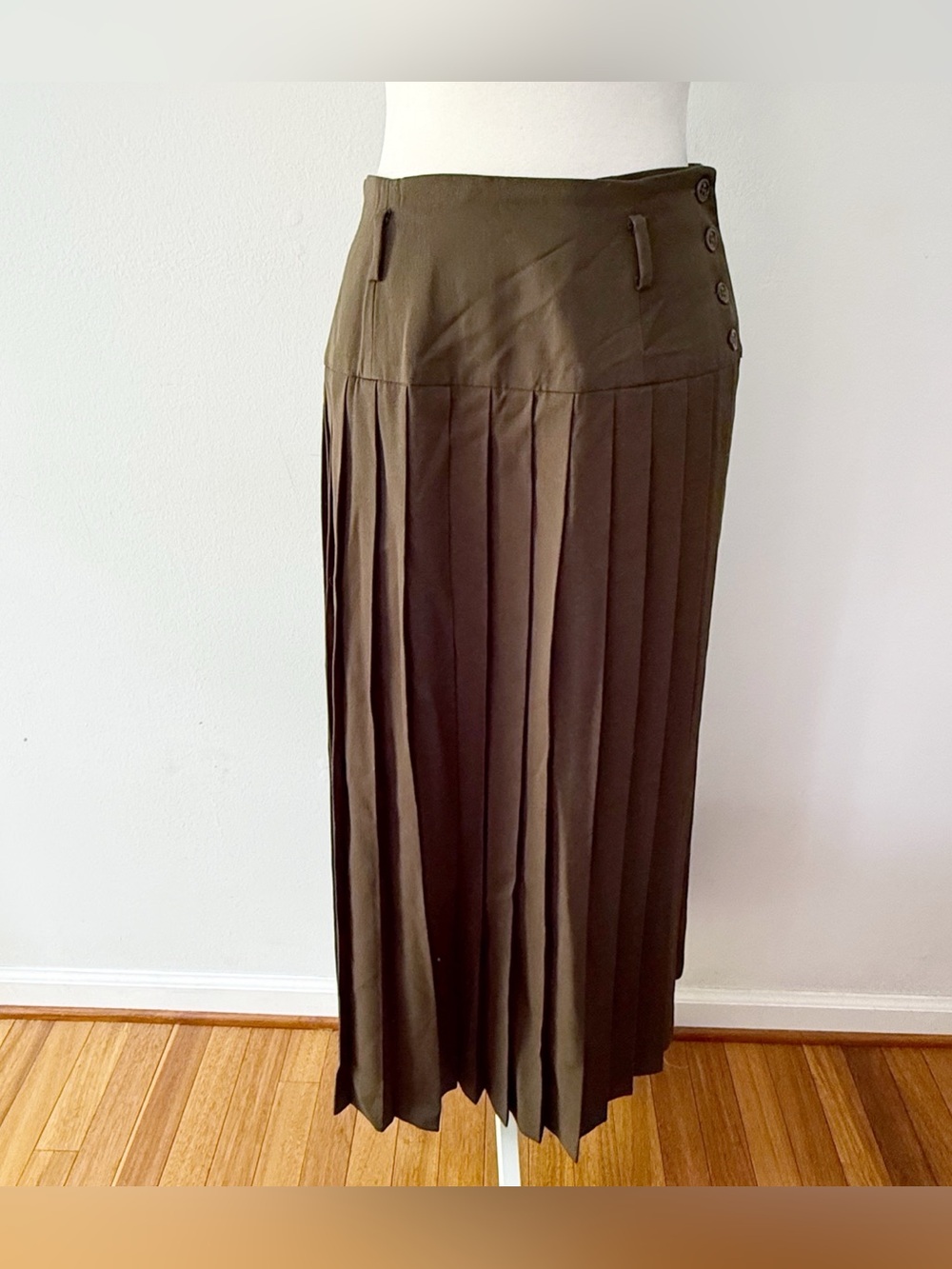 Vintage Women 100% Wool Pleated Maxi Skirt Green Size 6 Minimalist Timeless